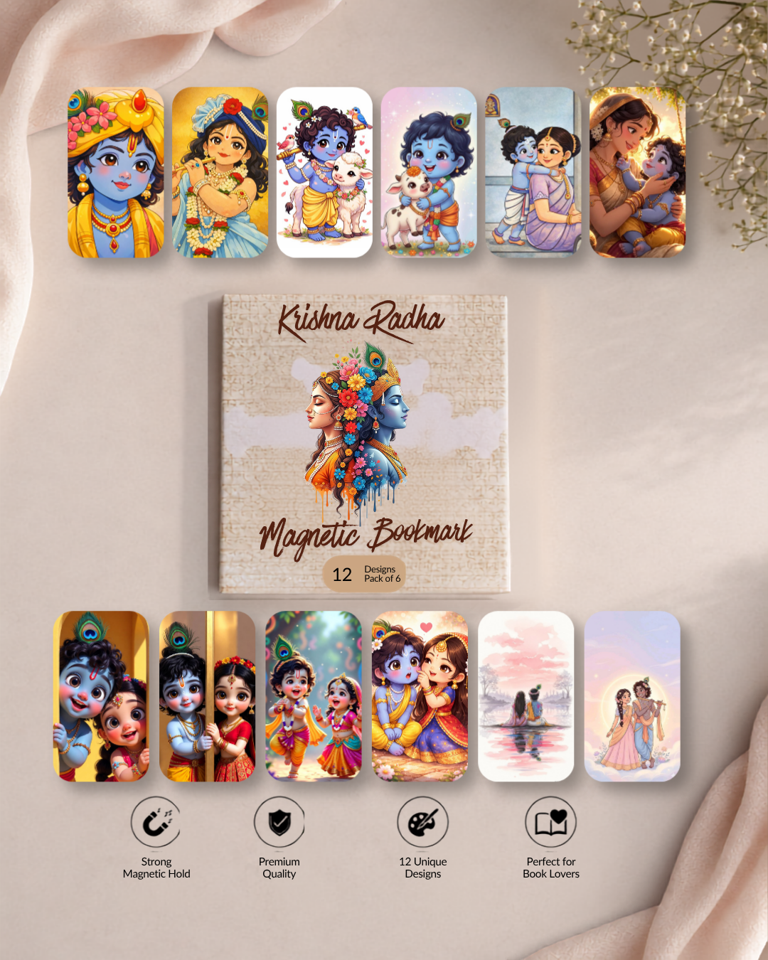 Krishna Radha  Magnetic Bookmark – Pack of 6 (12 Divine Designs)