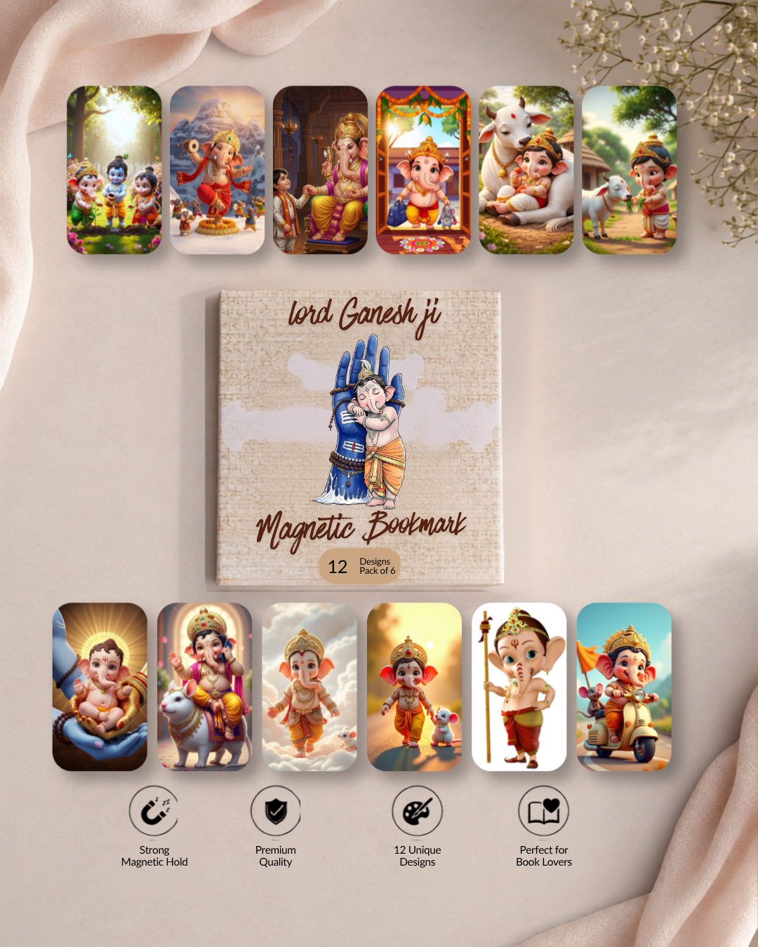 Load Ganesh ji  Magnetic Bookmark – Pack of 6 (12 Divine Designs)