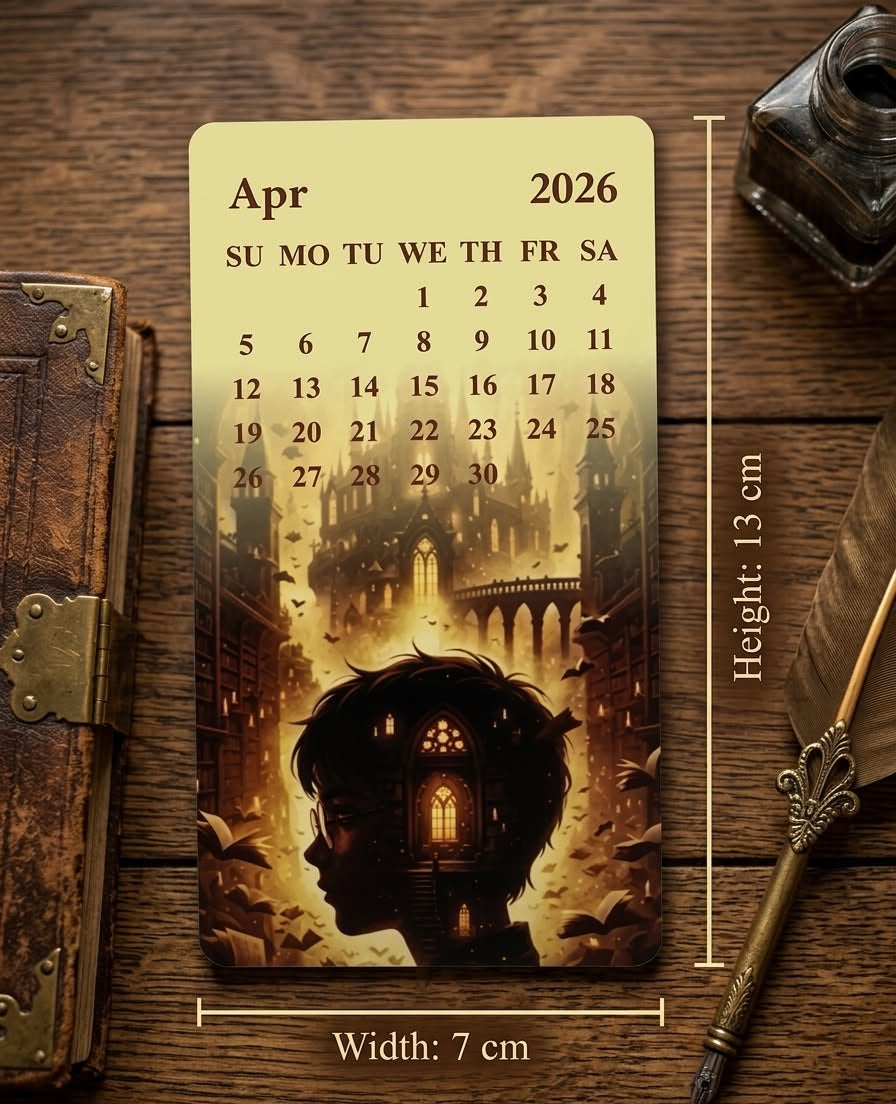 Calendar card for April 2026 with a castle design on a wooden surface.