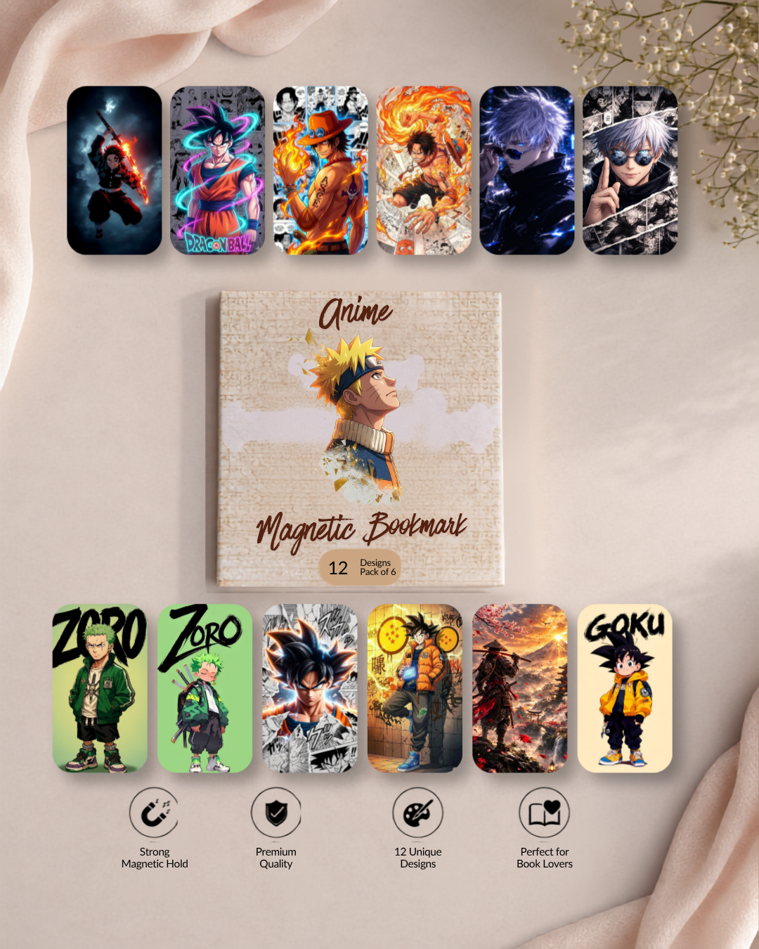 Anime Magnetic Bookmark – Pack of 6 (12 Designs)