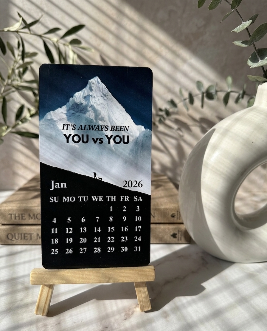 Calendar with a mountain design and text 'It's always been YOU vs YOU' on a wooden stand.